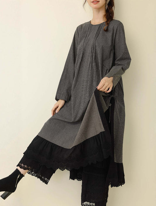 サイドリボン・切替レイヤード風ロングワンピース