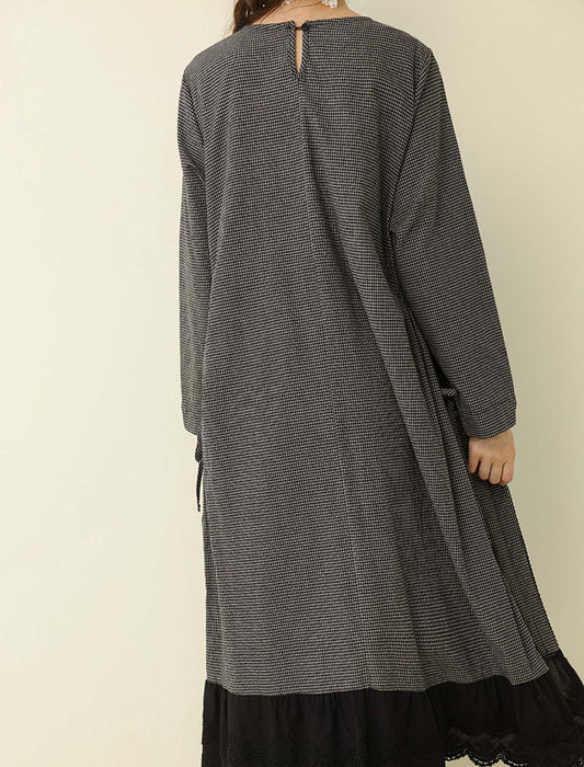 サイドリボン・切替レイヤード風ロングワンピース