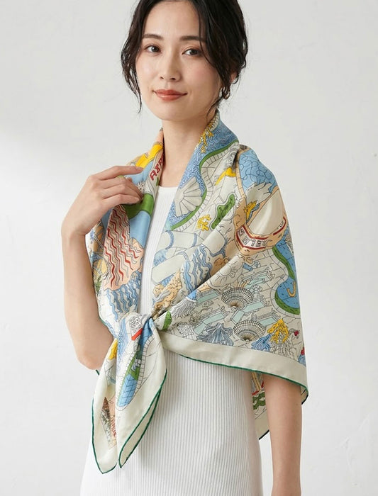 アンティーク・マルチカラー大判シルクタッチスカーフ