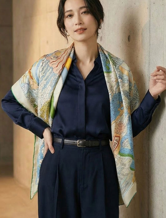 アンティーク・マルチカラー大判シルクタッチスカーフ