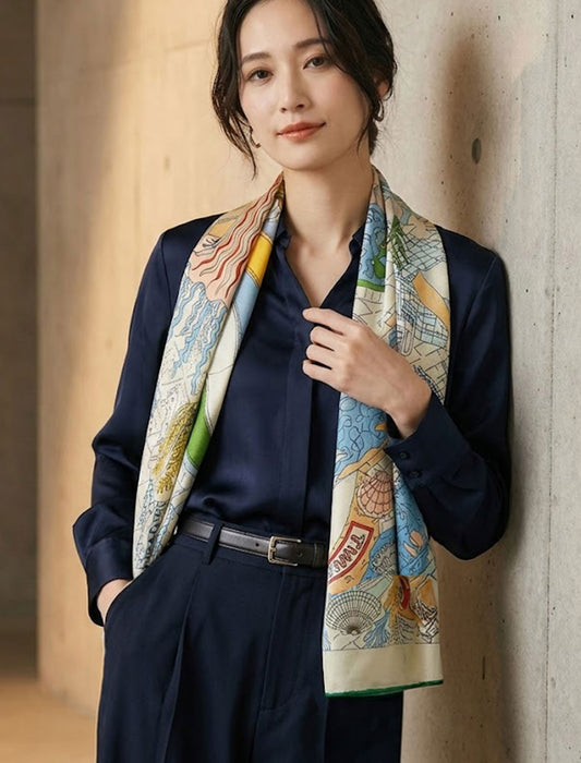 アンティーク・マルチカラー大判シルクタッチスカーフ