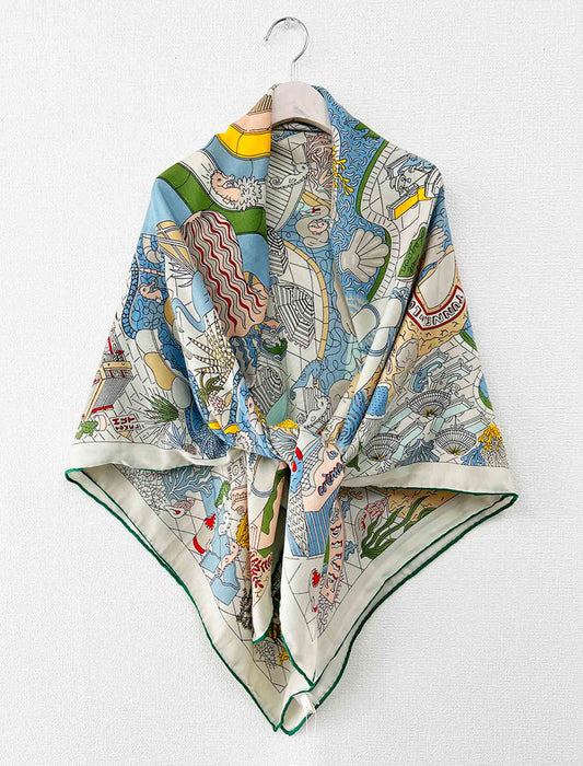 アンティーク・マルチカラー大判シルクタッチスカーフ