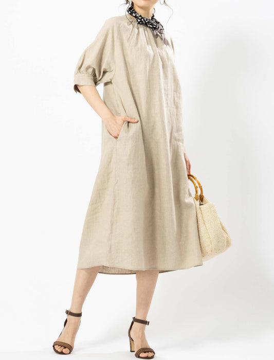 フレンチリネンギャザーアクセントワンピース