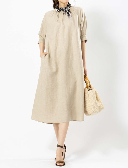 フレンチリネンギャザーアクセントワンピース