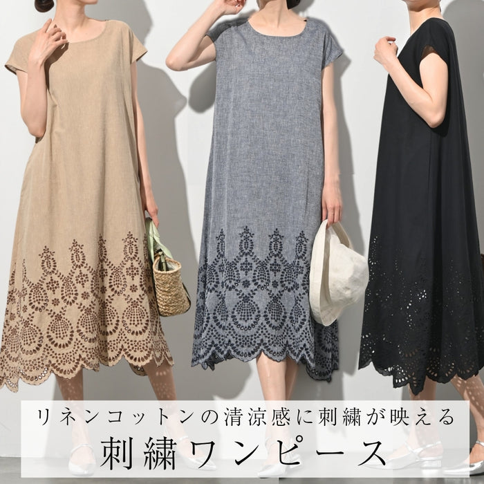 綿麻オリジナル刺繍ワンピース