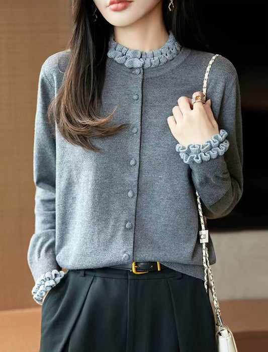 配色フリル ハイネックニットカーディガン