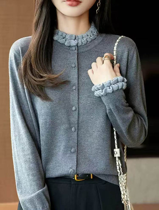 配色フリル ハイネックニットカーディガン