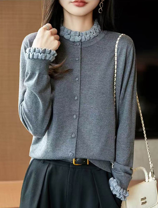 配色フリル ハイネックニットカーディガン