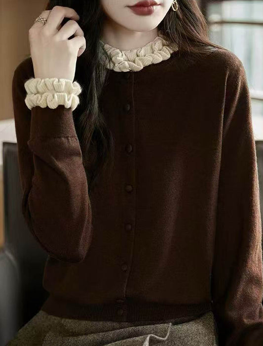 配色フリル ハイネックニットカーディガン