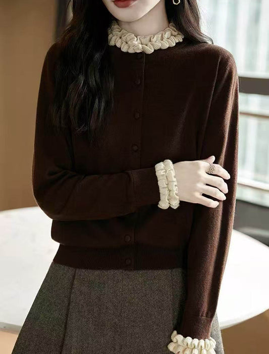 配色フリル ハイネックニットカーディガン