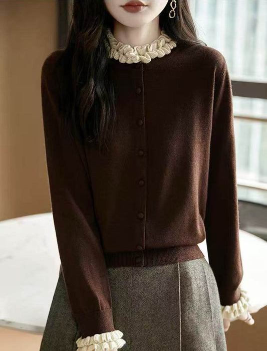 配色フリル ハイネックニットカーディガン