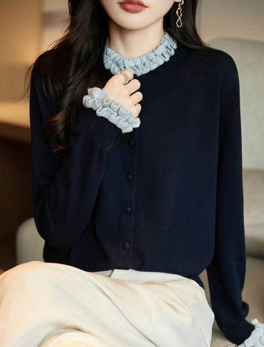 配色フリル ハイネックニットカーディガン