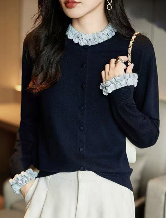 配色フリル ハイネックニットカーディガン