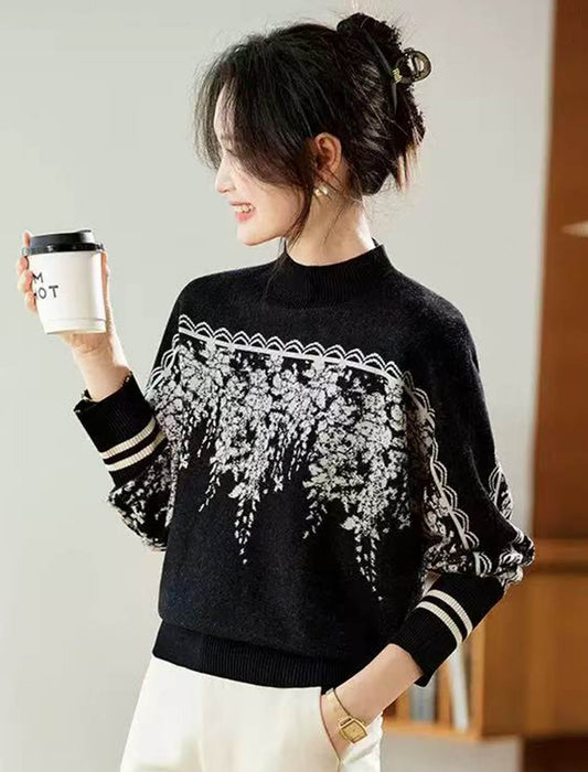 ボタニカル刺繍風 ハイネックドルマンニット