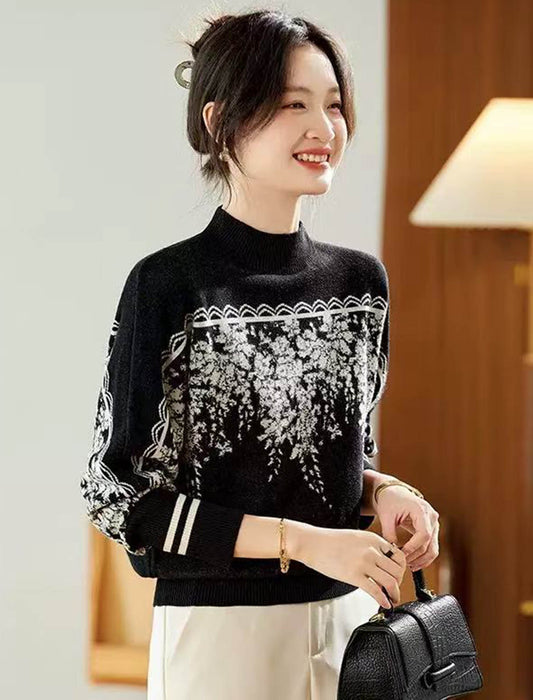 ボタニカル刺繍風 ハイネックドルマンニット