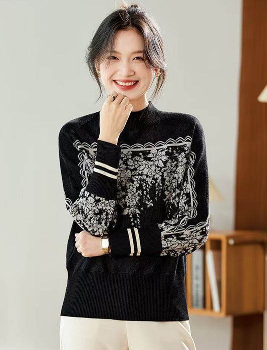 ボタニカル刺繍風 ハイネックドルマンニット