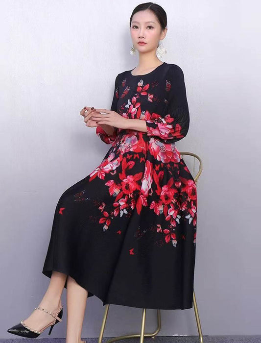 ドラマティック花柄 フレアミモレ丈ワンピース