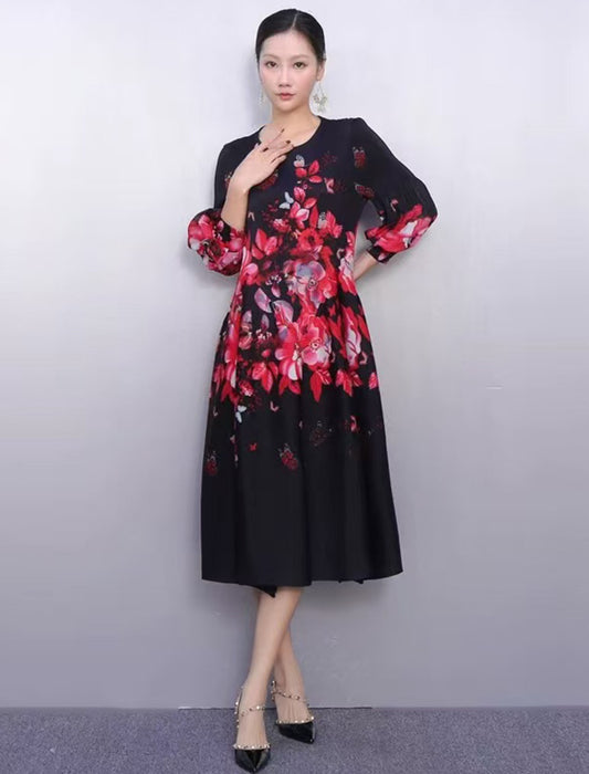 ドラマティック花柄 フレアミモレ丈ワンピース