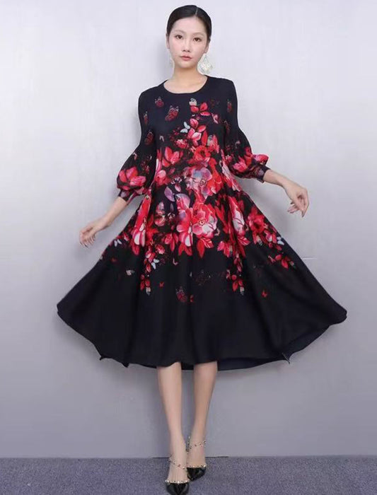 ドラマティック花柄 フレアミモレ丈ワンピース