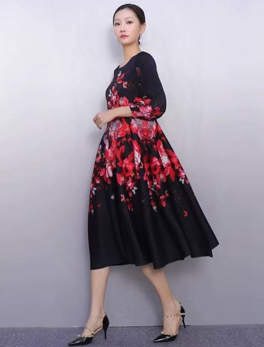 ドラマティック花柄 フレアミモレ丈ワンピース