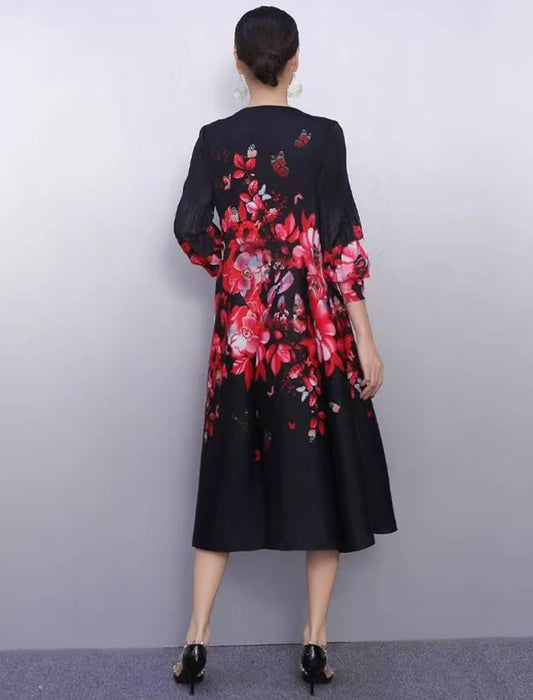 ドラマティック花柄 フレアミモレ丈ワンピース