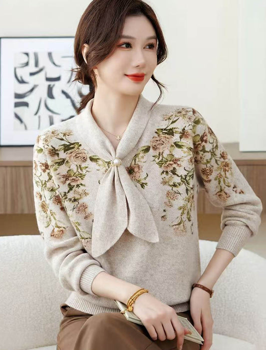 ボウタイデザイン 花柄プリントニット