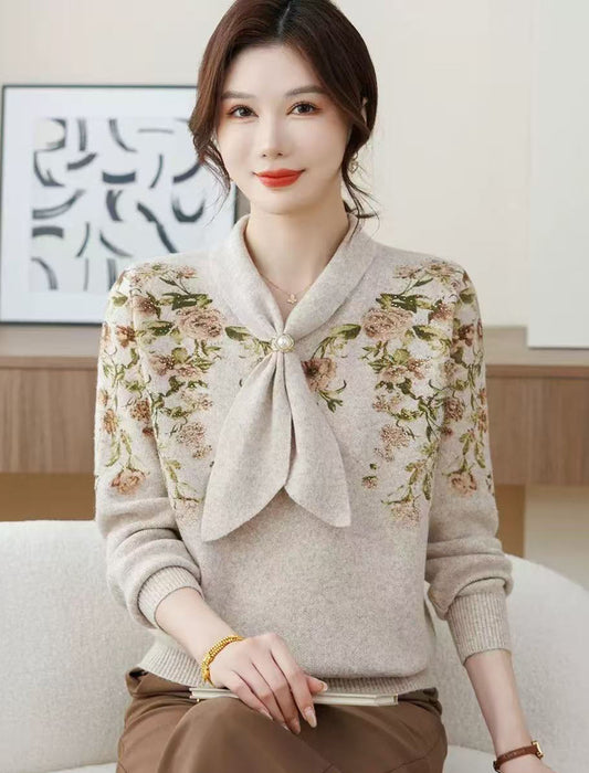 ボウタイデザイン 花柄プリントニット