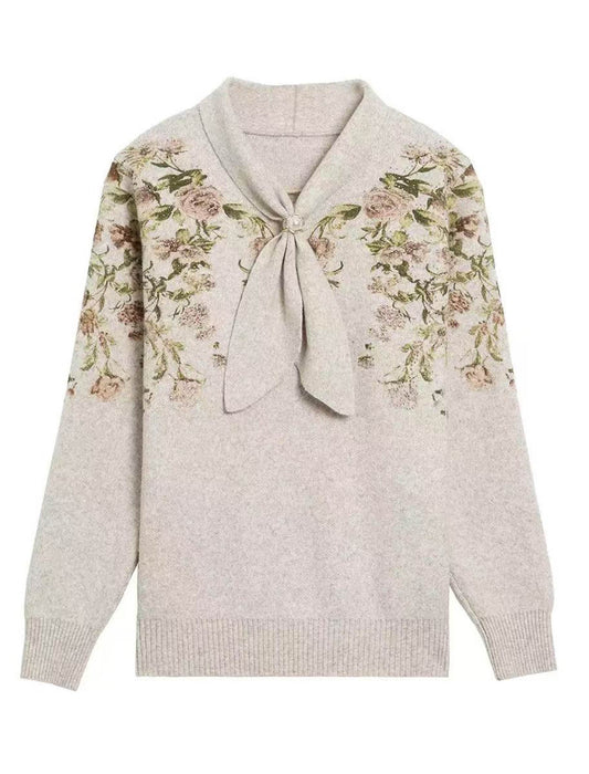 ボウタイデザイン 花柄プリントニット