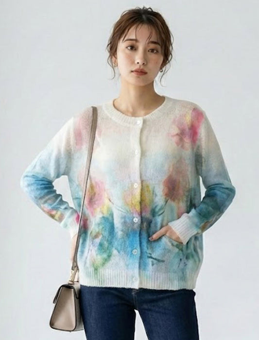 アートプリント・シアーニットカーディガン