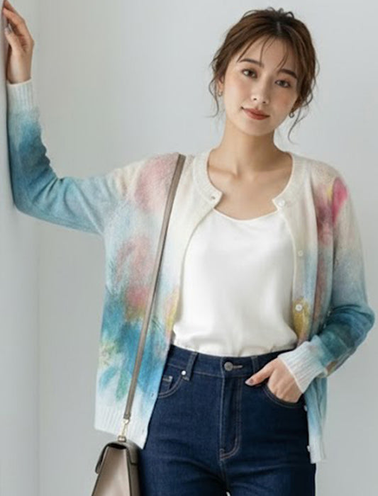 アートプリント・シアーニットカーディガン