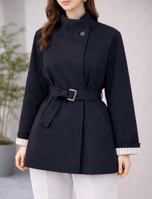 【近日入荷】【美シルエット】スタンドカラー袖ボリュームミドル丈コート※3月中旬～下旬入荷予定