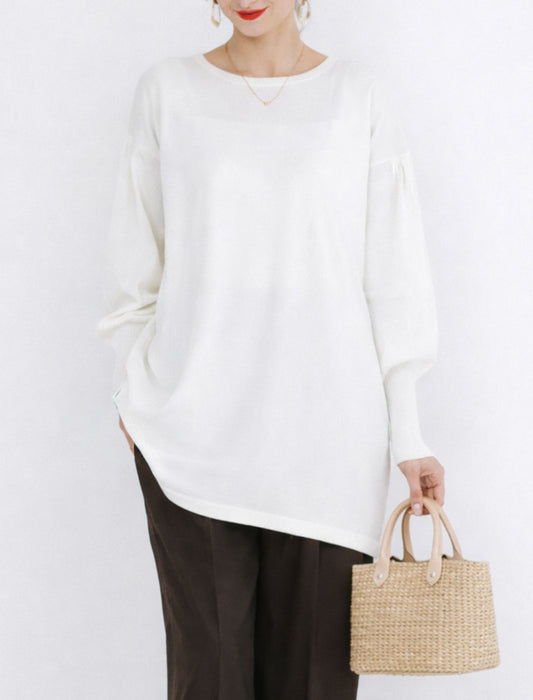 【体型カバー】袖リブボリュームスリーブ ニットチュニック