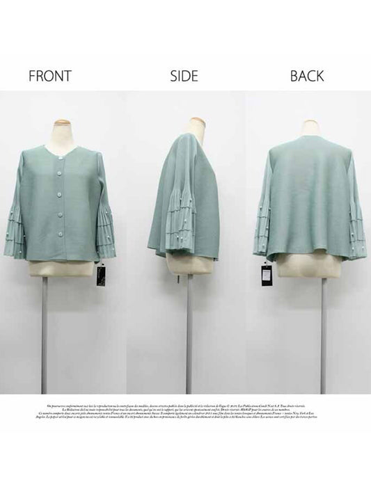 フリルパール袖プリーツカーディガン