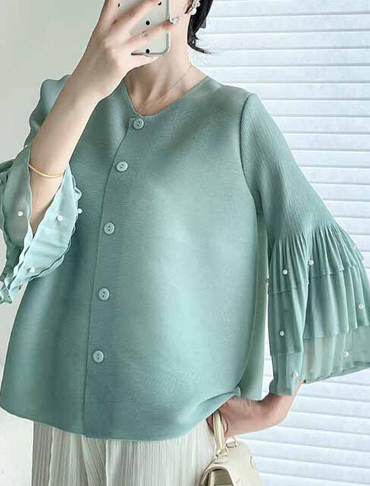 フリルパール袖プリーツカーディガン