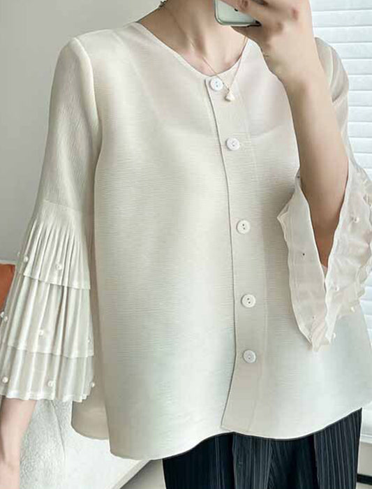 フリルパール袖プリーツカーディガン