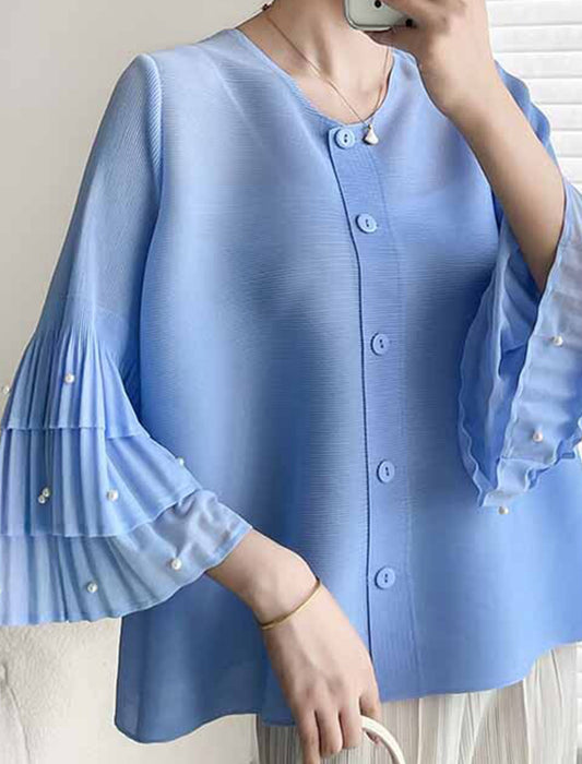 フリルパール袖プリーツカーディガン