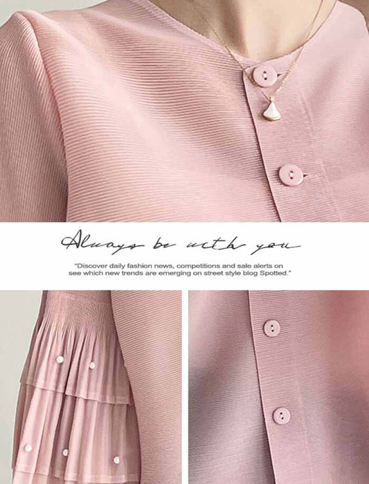 フリルパール袖プリーツカーディガン