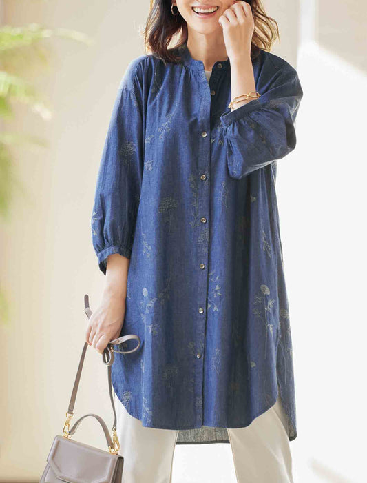 【受注】綿デニム刺しゅうロングブラウスワンピース