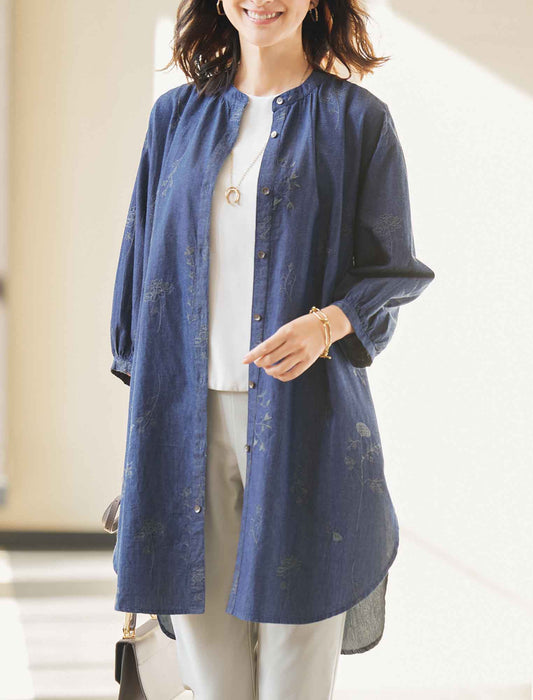 【受注】綿デニム刺しゅうロングブラウスワンピース