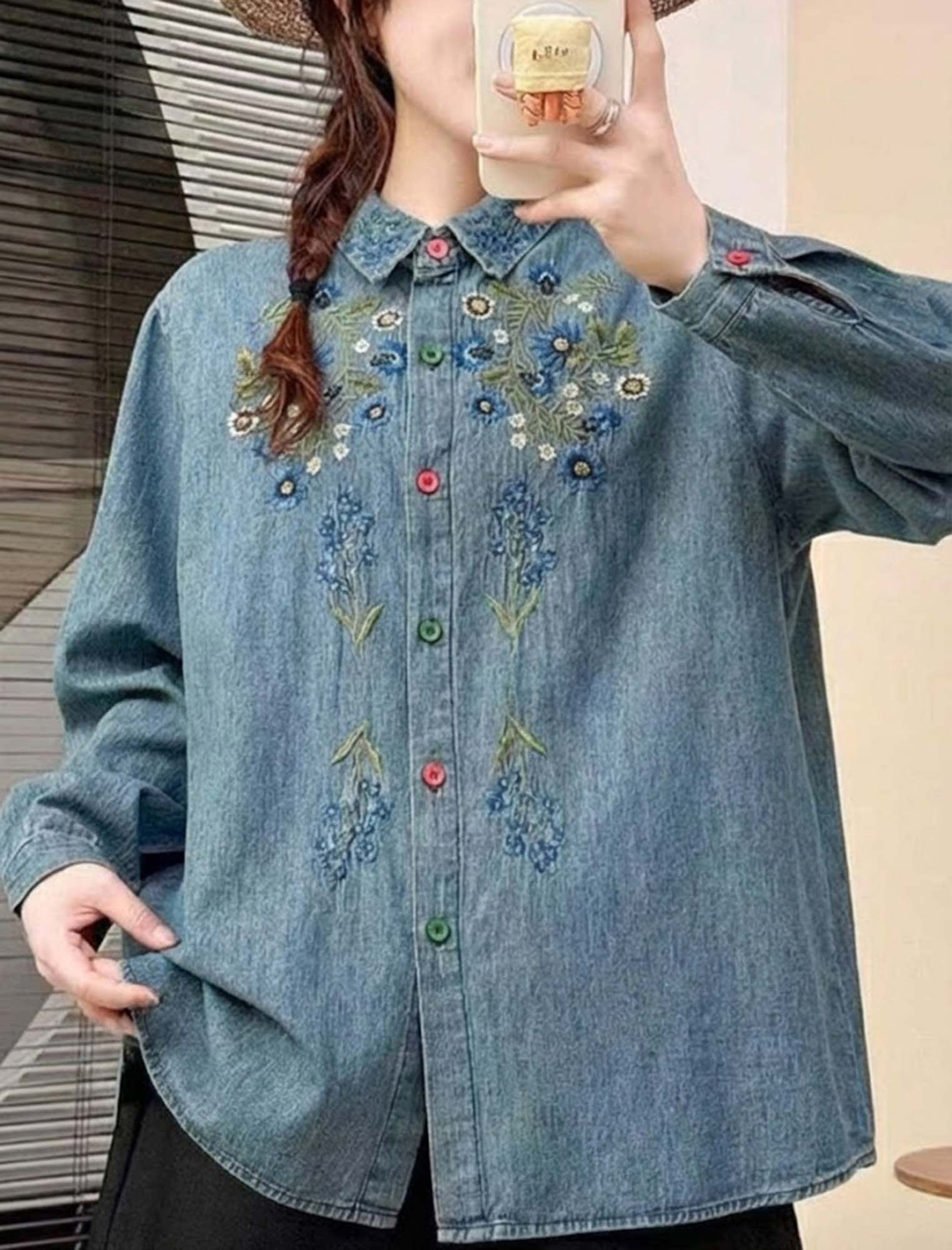 ヴィンテージ風 フラワー刺繍 インディゴ デニムシャツ | Northmall