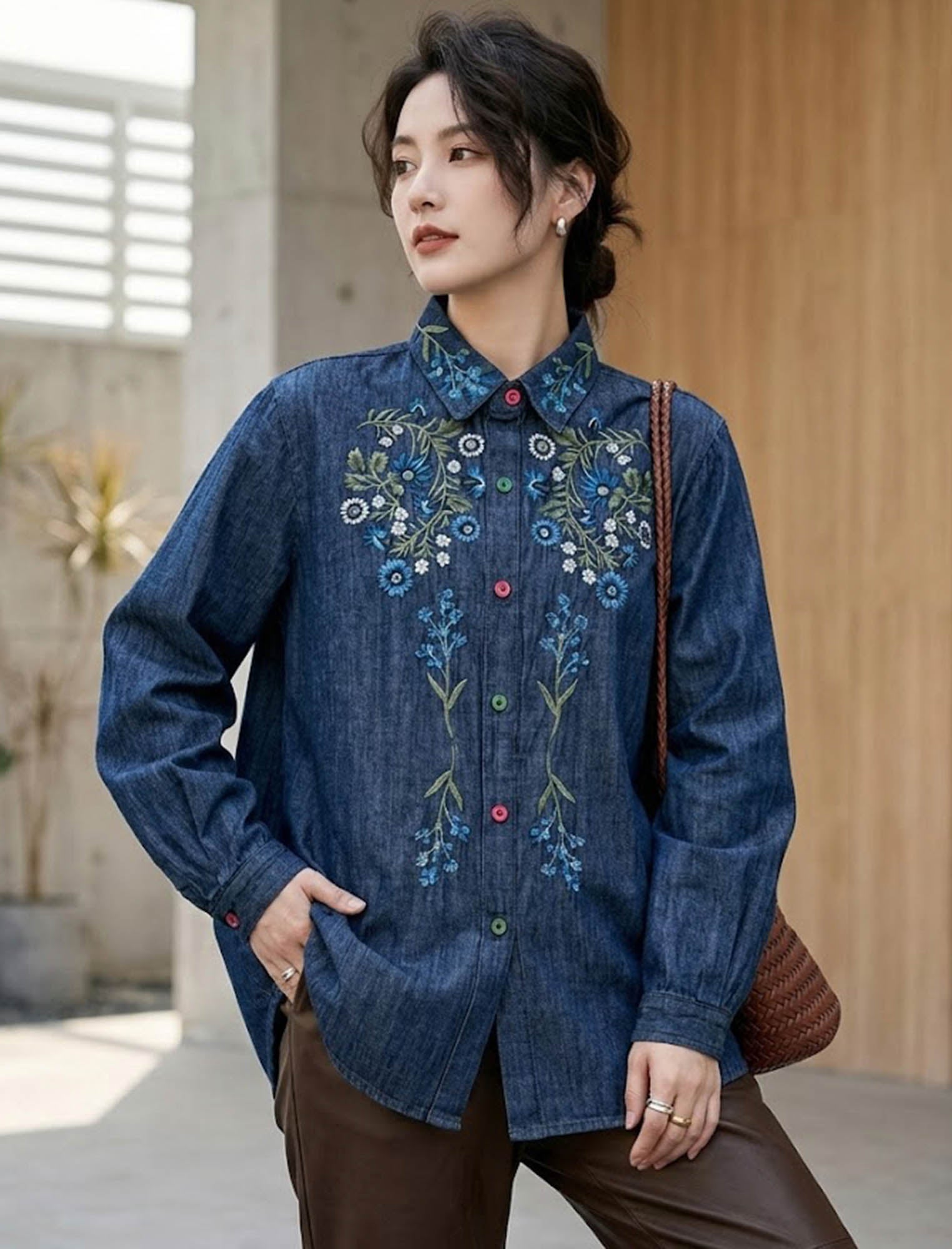 ヴィンテージ風 フラワー刺繍 インディゴ デニムシャツ | Northmall