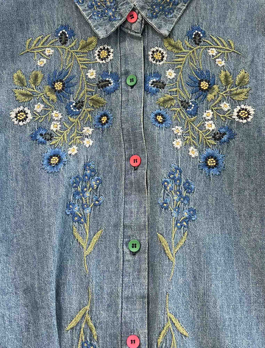 ヴィンテージ風 フラワー刺繍 インディゴ デニムシャツ