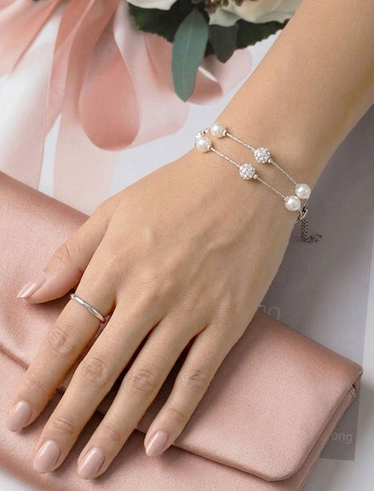 2連パール＆ロンデルボール 華奢見せ レイヤードブレスレット