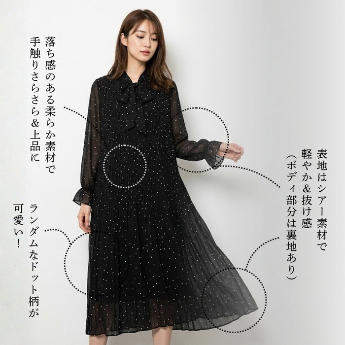 ボウタイリボン ドット柄プリーツ ロングワンピース