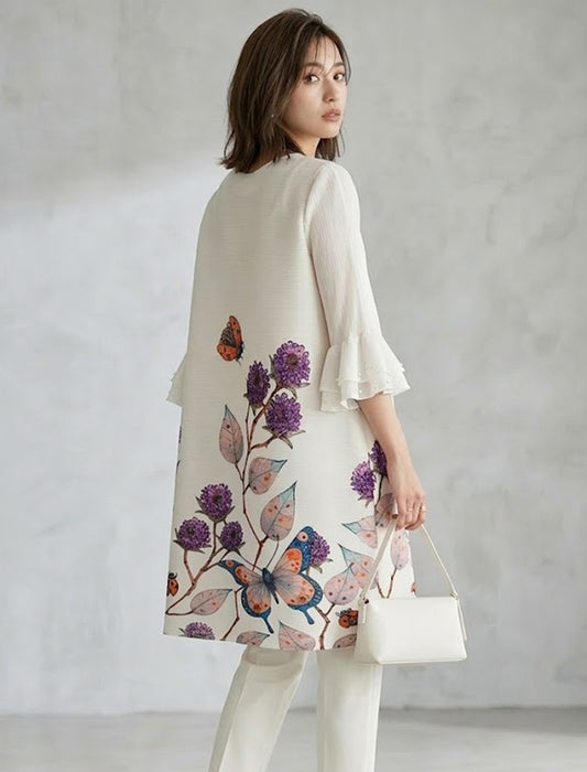 エレガントフラワー＆バタフライ ベルスリーブ Aラインワンピース