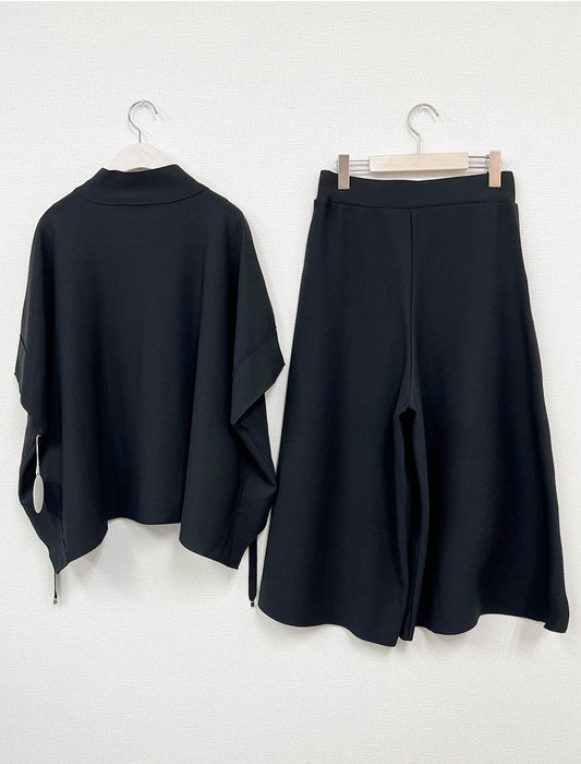 スタンドカラー ジップアップ半袖プルオーバー＆ワイドパンツ セットアップ