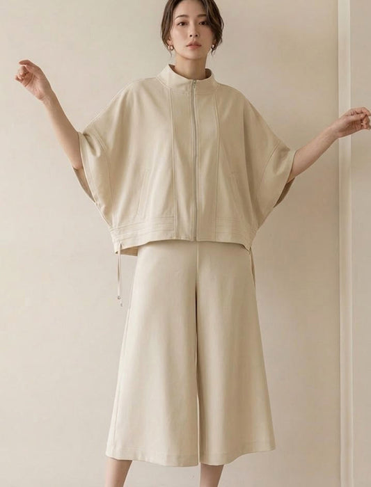 スタンドカラー ジップアップ半袖プルオーバー＆ワイドパンツ セットアップ