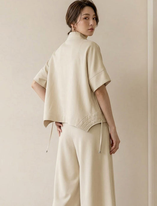 スタンドカラー ジップアップ半袖プルオーバー＆ワイドパンツ セットアップ
