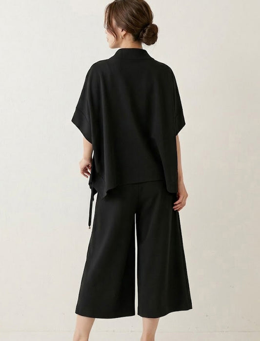 スタンドカラー ジップアップ半袖プルオーバー＆ワイドパンツ セットアップ