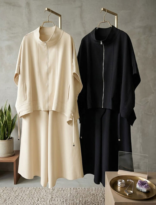 スタンドカラー ジップアップ半袖プルオーバー＆ワイドパンツ セットアップ